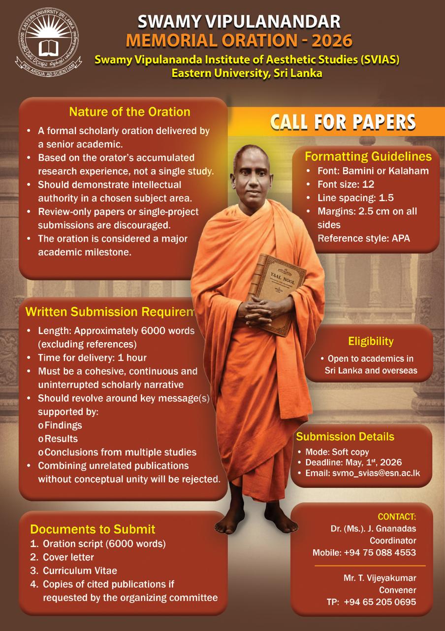 Call for Papers Swamy Vipulanandar Memorial Oration 2026