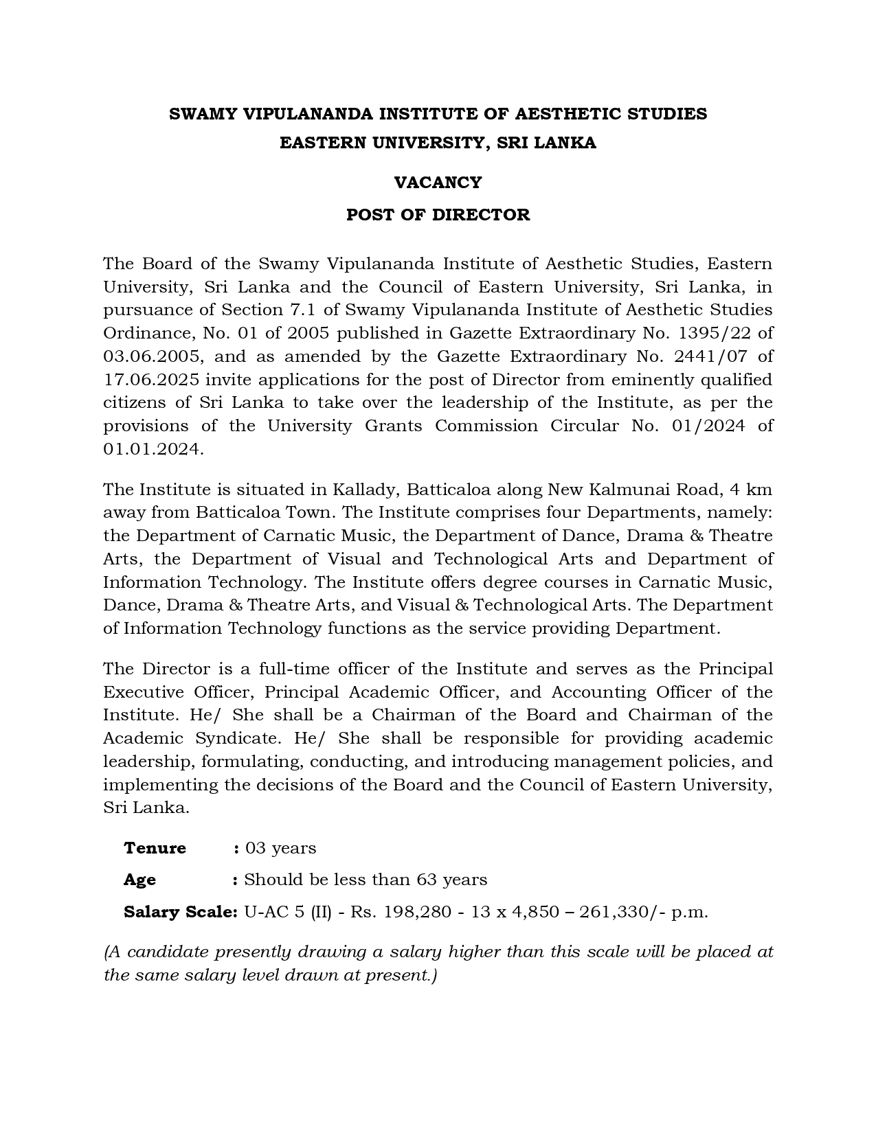 VACANCY POST OF DIRECTOR